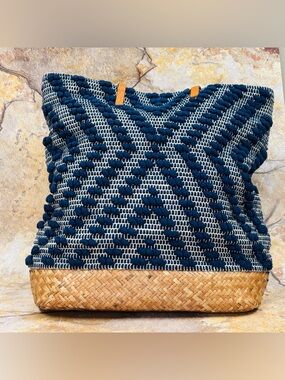 Women’s Navy & Cream Woven Tote Bag – Casual Shoulder Handbag Boho Coastal Style